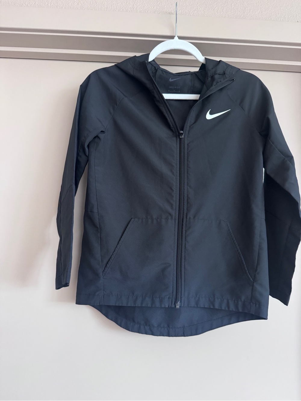 Nike Kids Black Hooded Rain Jacket with White Swoosh
